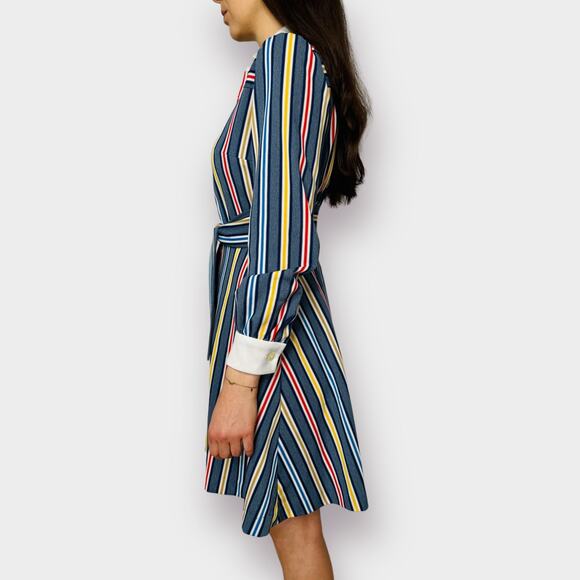 70s Blue Yellow Red Striped Dress with White Collar - Picture 6 of 7